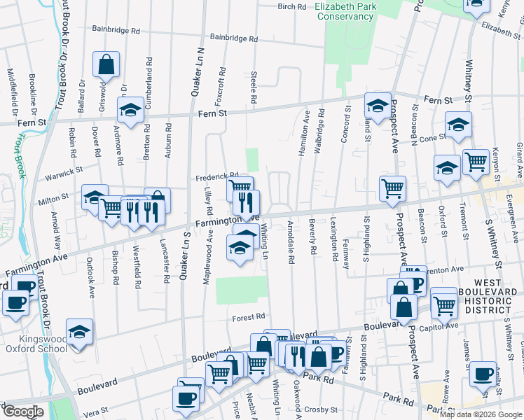 map of restaurants, bars, coffee shops, grocery stores, and more near 55 West Hill Drive in West Hartford