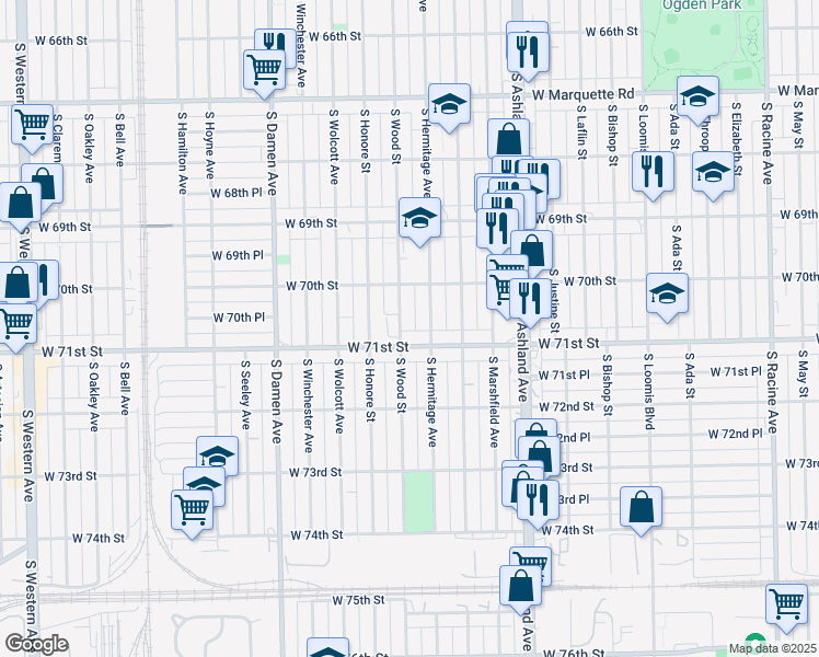 map of restaurants, bars, coffee shops, grocery stores, and more near 7018 South Wood Street in Chicago