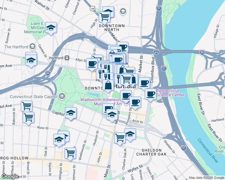 map of restaurants, bars, coffee shops, grocery stores, and more near in Hartford
