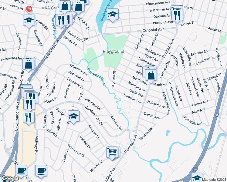 map of restaurants, bars, coffee shops, grocery stores, and more near 132 Fordson Avenue in Cranston