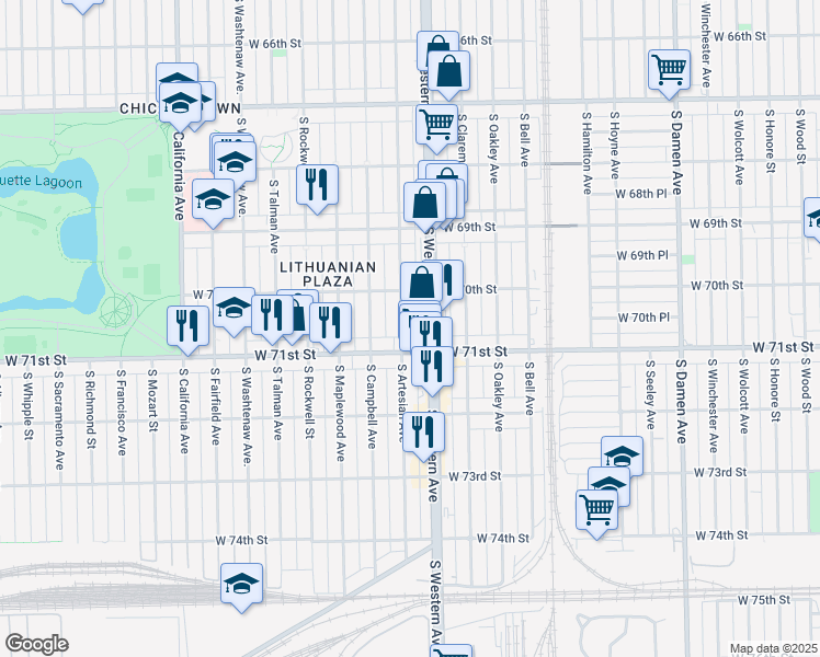 map of restaurants, bars, coffee shops, grocery stores, and more near 7015 South Artesian Avenue in Chicago