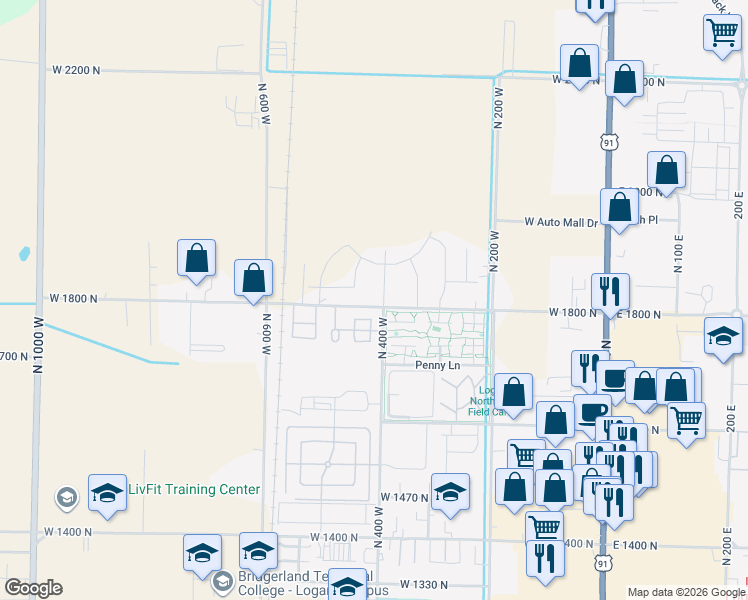 map of restaurants, bars, coffee shops, grocery stores, and more near 415 West 1800 North in Logan