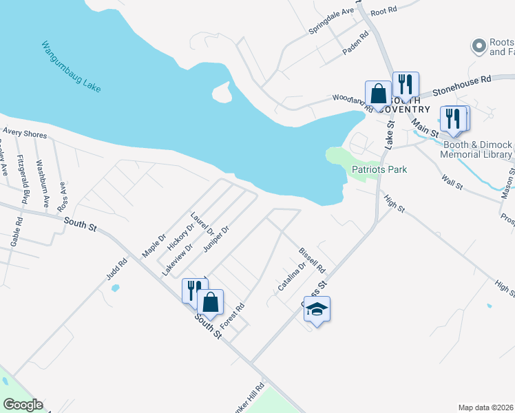 map of restaurants, bars, coffee shops, grocery stores, and more near 305 Shore Drive in Coventry