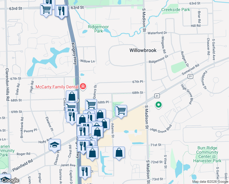 map of restaurants, bars, coffee shops, grocery stores, and more near 707 67th Place in Willowbrook