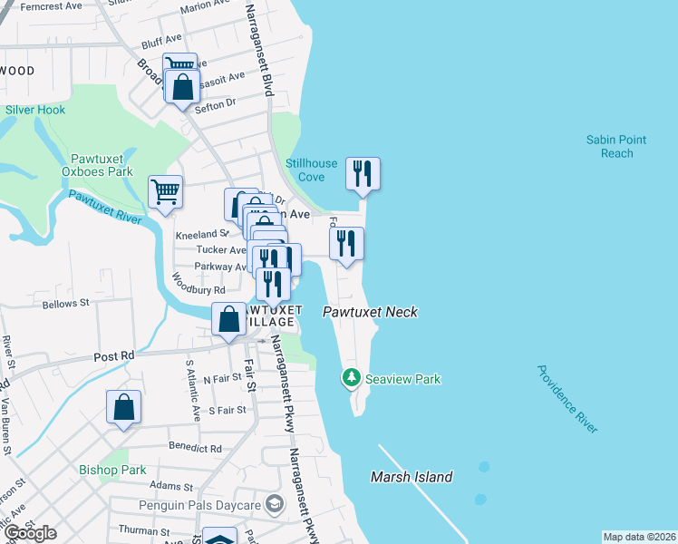 map of restaurants, bars, coffee shops, grocery stores, and more near 50 Fort Avenue in Cranston