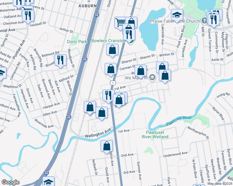 map of restaurants, bars, coffee shops, grocery stores, and more near 96 1st Avenue in Cranston