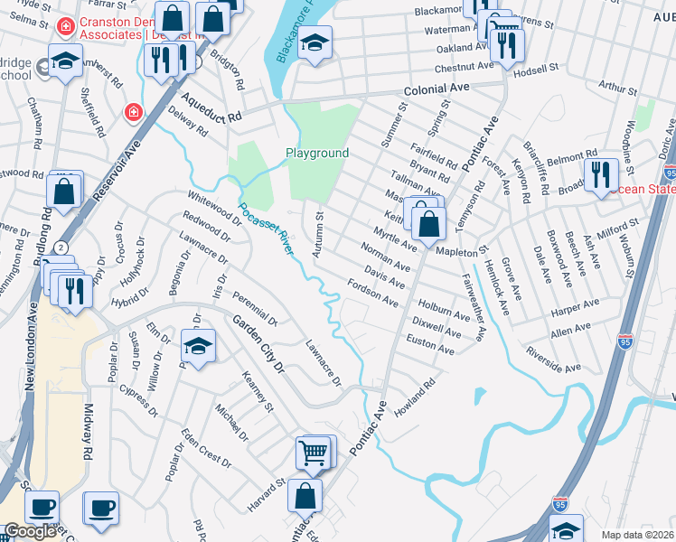 map of restaurants, bars, coffee shops, grocery stores, and more near 244 Summer Street in Cranston