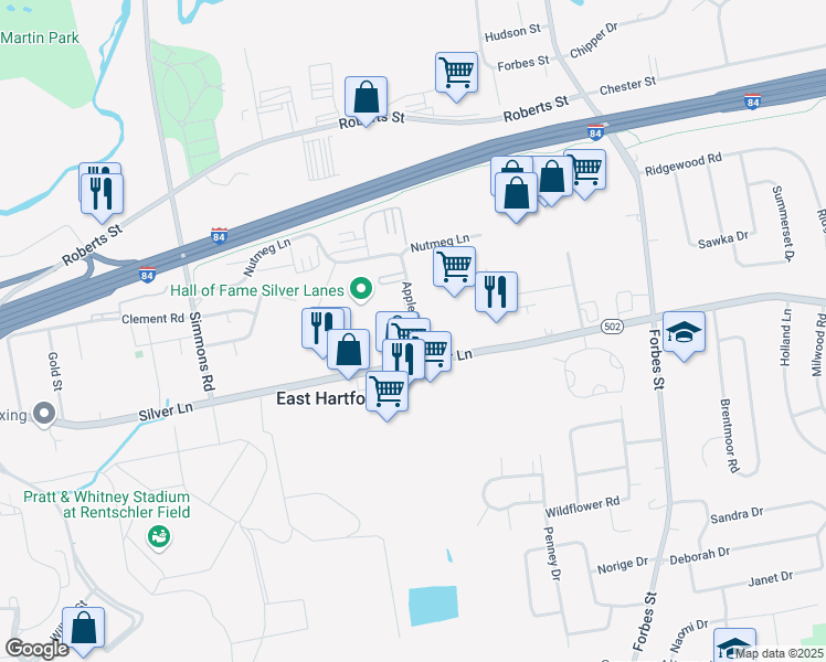 map of restaurants, bars, coffee shops, grocery stores, and more near 818 Silver Lane in East Hartford