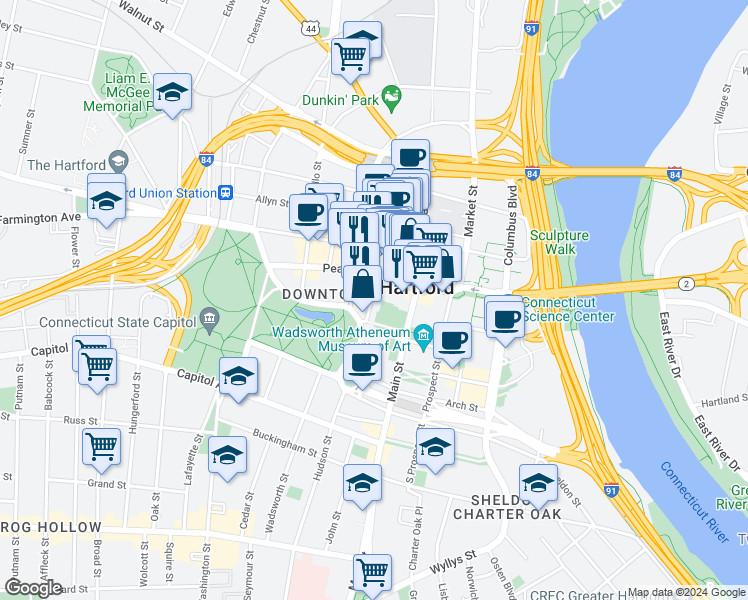 map of restaurants, bars, coffee shops, grocery stores, and more near 111 Pearl Street in Hartford
