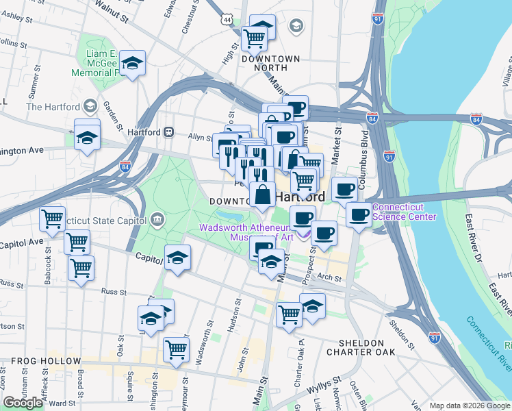 map of restaurants, bars, coffee shops, grocery stores, and more near in Hartford
