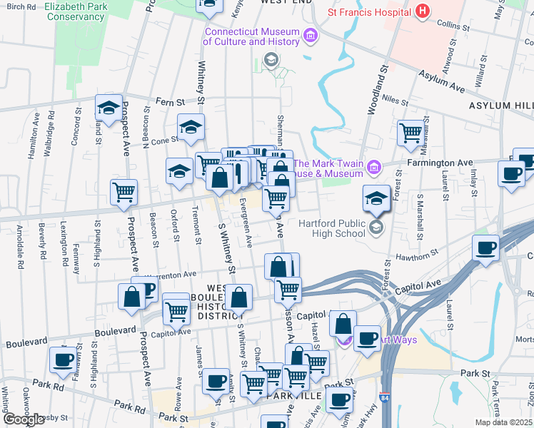 map of restaurants, bars, coffee shops, grocery stores, and more near 491 Farmington Avenue in Hartford