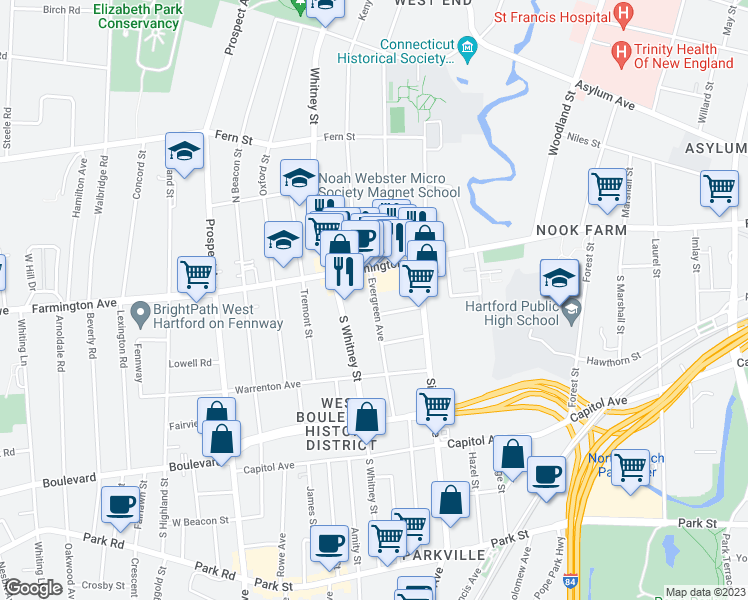 map of restaurants, bars, coffee shops, grocery stores, and more near 9 Evergreen Avenue in Hartford
