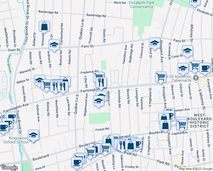 map of restaurants, bars, coffee shops, grocery stores, and more near 55 West Hill Drive in West Hartford