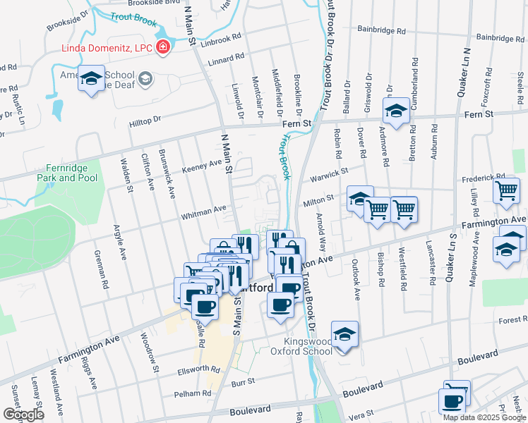 map of restaurants, bars, coffee shops, grocery stores, and more near 159 Loomis Drive in West Hartford