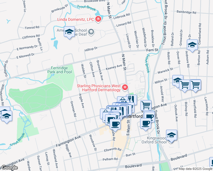 map of restaurants, bars, coffee shops, grocery stores, and more near 109 Arundel Avenue in West Hartford