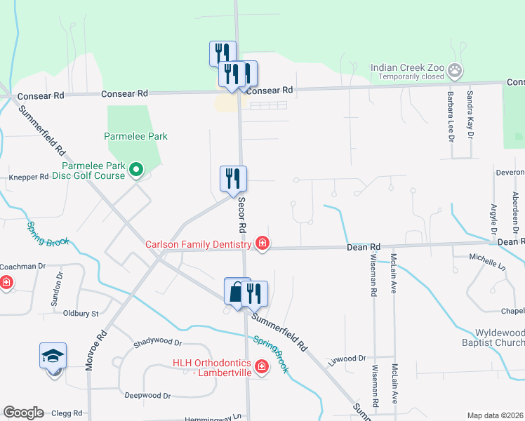 map of restaurants, bars, coffee shops, grocery stores, and more near 8226 Secor Road in Lambertville