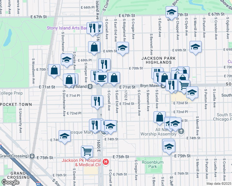 map of restaurants, bars, coffee shops, grocery stores, and more near 1701 East 71st Street in Chicago