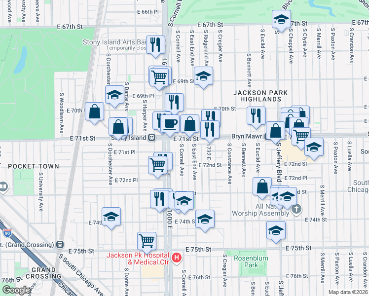 map of restaurants, bars, coffee shops, grocery stores, and more near 7100 South Cornell Avenue in Chicago