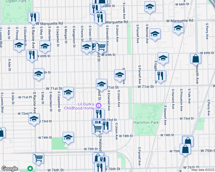 map of restaurants, bars, coffee shops, grocery stores, and more near 7032 South Emerald Avenue in Chicago