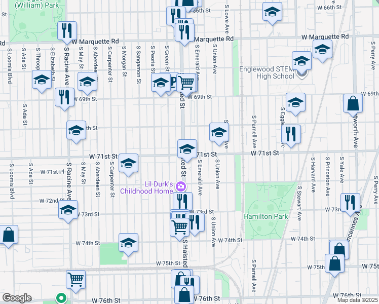 map of restaurants, bars, coffee shops, grocery stores, and more near 7032 South Emerald Avenue in Chicago