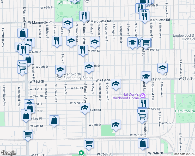 map of restaurants, bars, coffee shops, grocery stores, and more near 7029 South May Street in Chicago