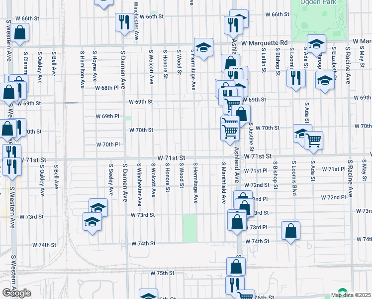map of restaurants, bars, coffee shops, grocery stores, and more near 7018 South Wood Street in Chicago
