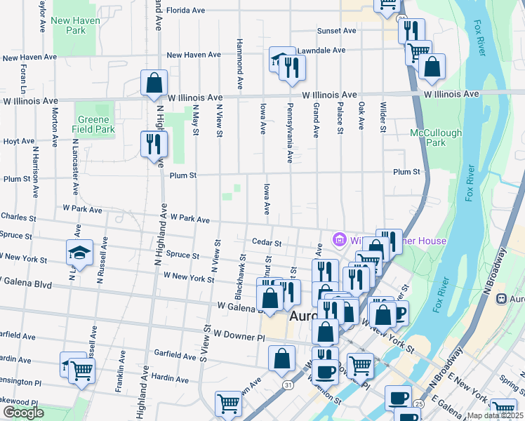 map of restaurants, bars, coffee shops, grocery stores, and more near 432 Iowa Avenue in Aurora
