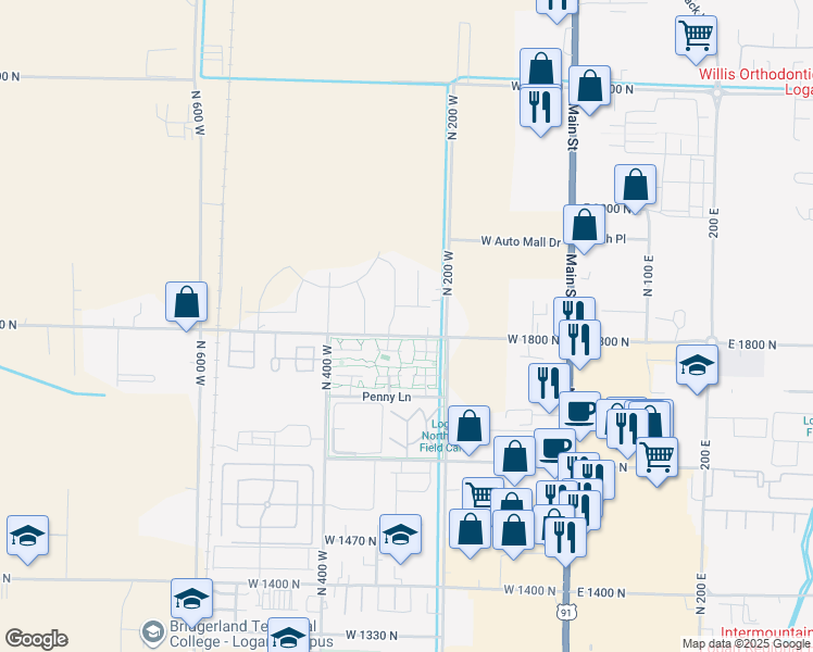 map of restaurants, bars, coffee shops, grocery stores, and more near 259 West 1800 North in Logan