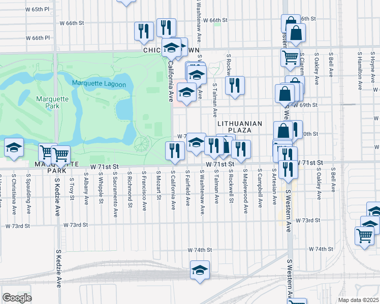 map of restaurants, bars, coffee shops, grocery stores, and more near 7031 South Fairfield Avenue in Chicago