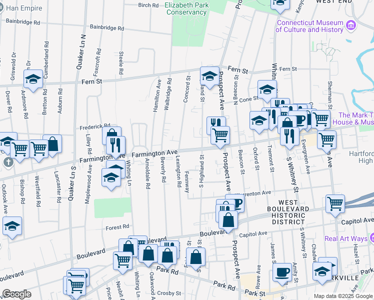 map of restaurants, bars, coffee shops, grocery stores, and more near 701 Farmington Avenue in West Hartford