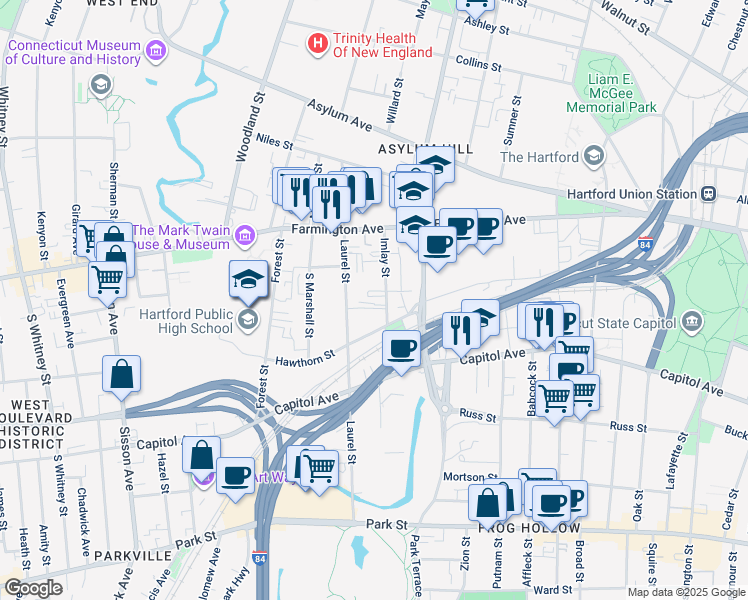 map of restaurants, bars, coffee shops, grocery stores, and more near 21 Imlay Street in Hartford