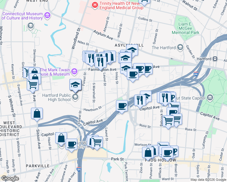 map of restaurants, bars, coffee shops, grocery stores, and more near 39 Imlay Street in Hartford