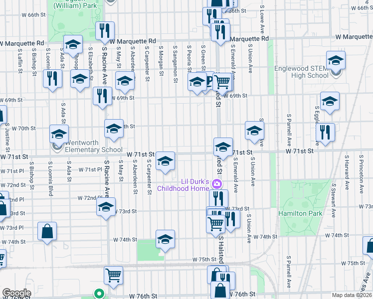 map of restaurants, bars, coffee shops, grocery stores, and more near 906 West 71st Street in Chicago