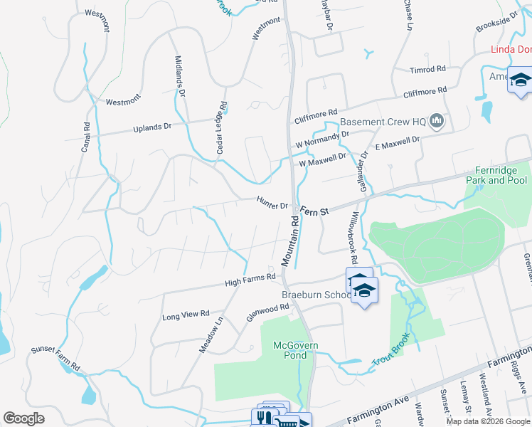 map of restaurants, bars, coffee shops, grocery stores, and more near 16 Hunter Drive in West Hartford