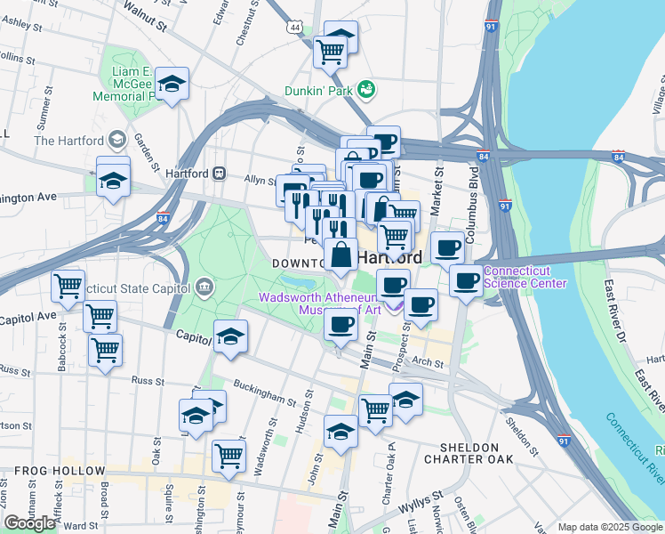 map of restaurants, bars, coffee shops, grocery stores, and more near in Hartford