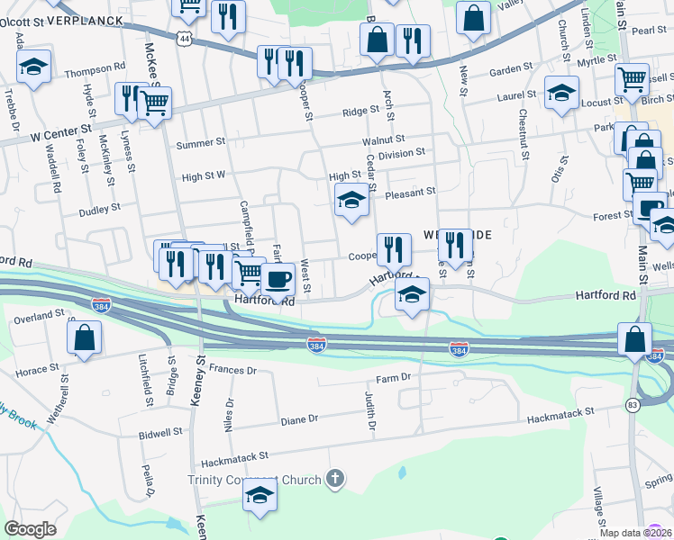 map of restaurants, bars, coffee shops, grocery stores, and more near 27 Goslee Drive in Manchester
