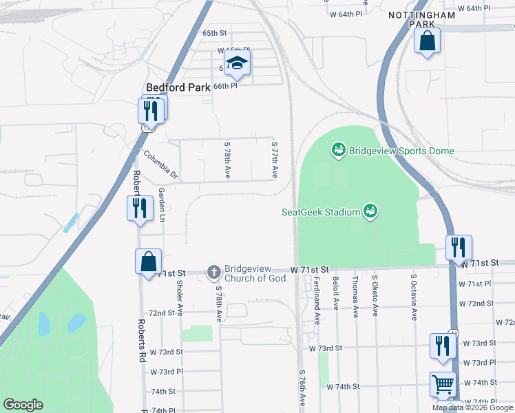 map of restaurants, bars, coffee shops, grocery stores, and more near 7731 Columbia Drive in Bridgeview