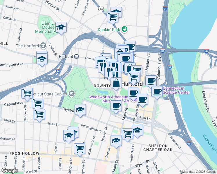 map of restaurants, bars, coffee shops, grocery stores, and more near 55 Trumbull Street in Hartford