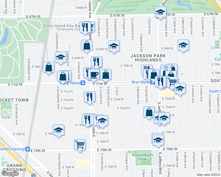 map of restaurants, bars, coffee shops, grocery stores, and more near 7115 South East End Avenue in Chicago