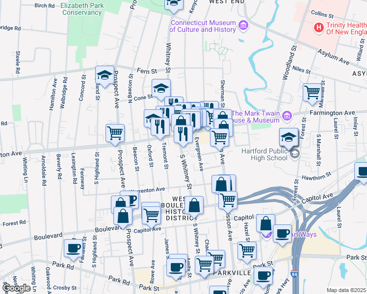 map of restaurants, bars, coffee shops, grocery stores, and more near 254 South Whitney Street in Hartford