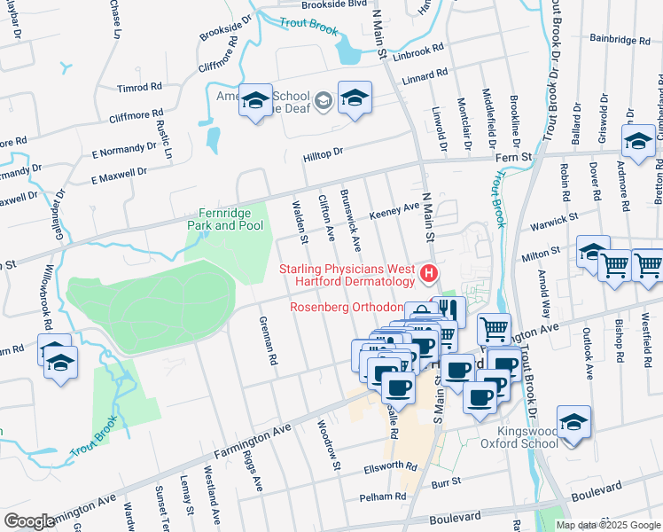 map of restaurants, bars, coffee shops, grocery stores, and more near 114 Clifton Avenue in West Hartford