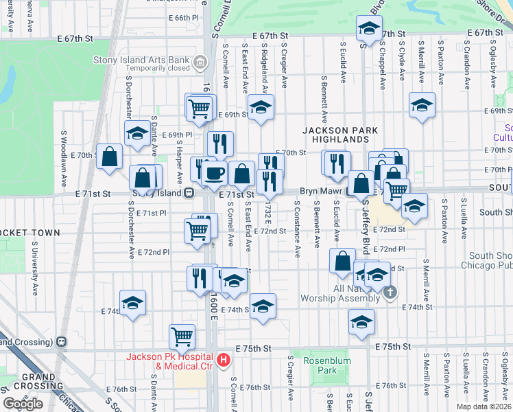 map of restaurants, bars, coffee shops, grocery stores, and more near 1701 East 71st Street in Chicago
