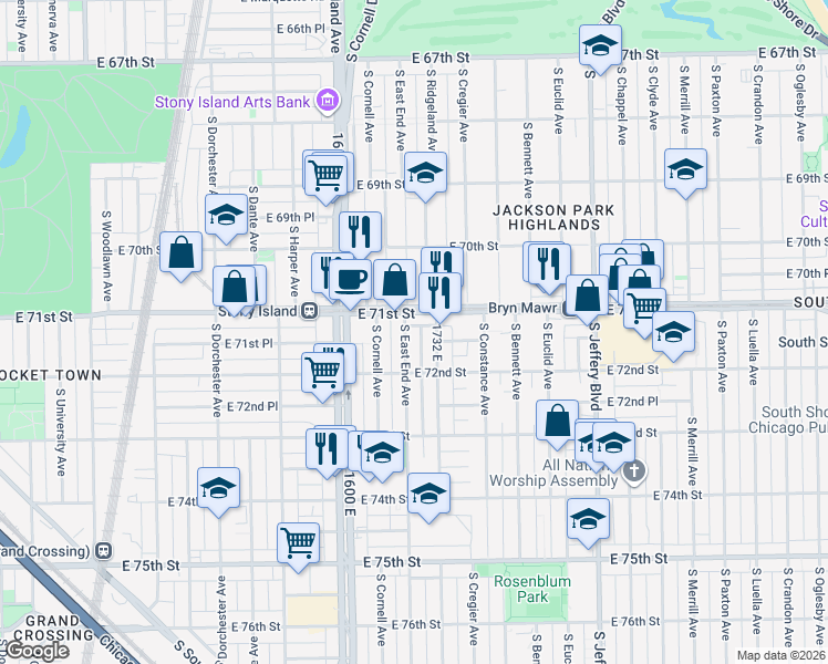 map of restaurants, bars, coffee shops, grocery stores, and more near 1701 East 71st Street in Chicago