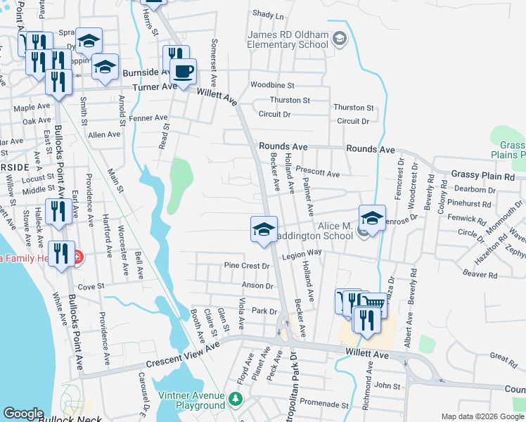 map of restaurants, bars, coffee shops, grocery stores, and more near 741 Willett Avenue in East Providence