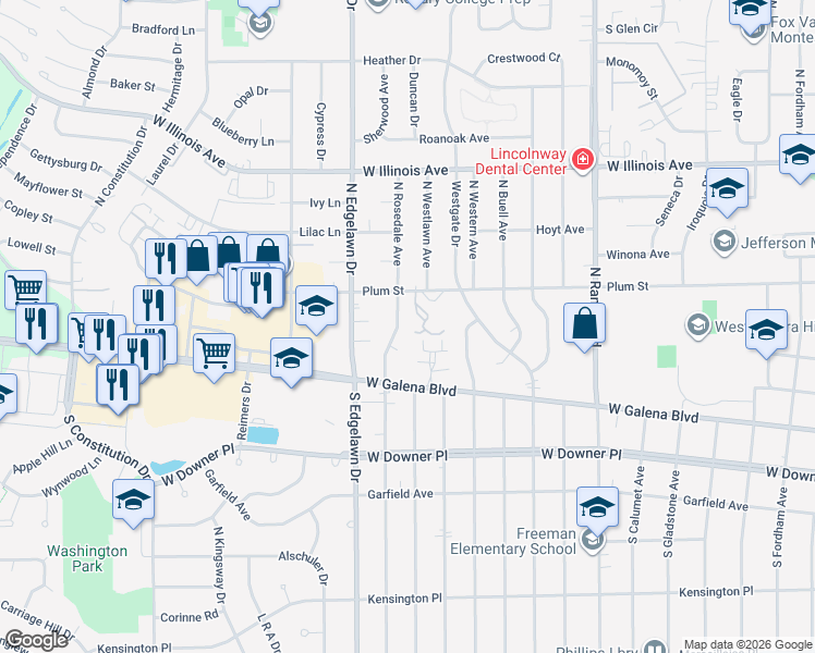 map of restaurants, bars, coffee shops, grocery stores, and more near 221 North Rosedale Avenue in Aurora
