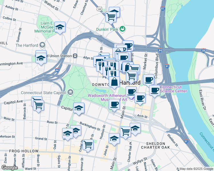map of restaurants, bars, coffee shops, grocery stores, and more near 169 Pearl Street in Hartford