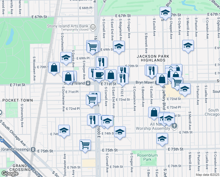 map of restaurants, bars, coffee shops, grocery stores, and more near 1701 East 71st Street in Chicago