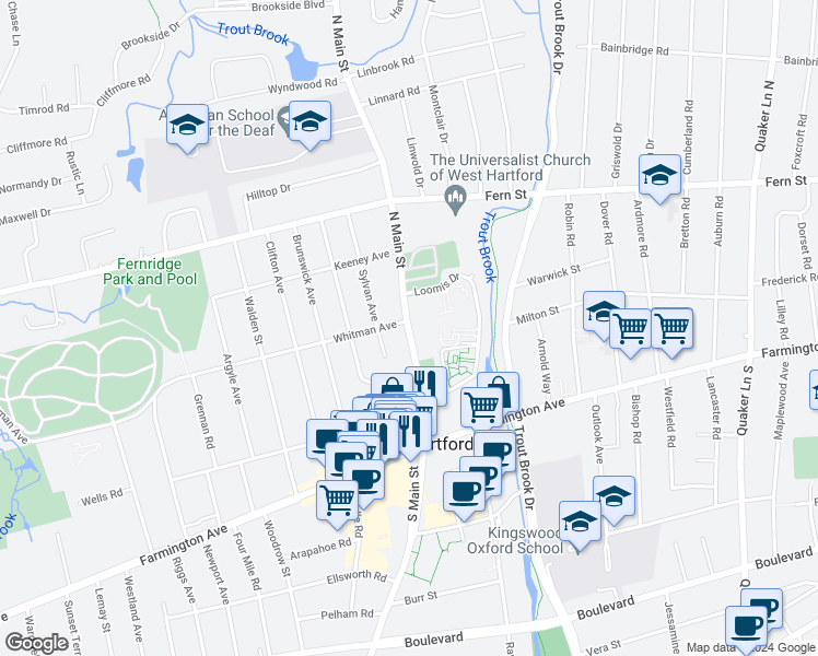 map of restaurants, bars, coffee shops, grocery stores, and more near 30 N Main St in West Hartford