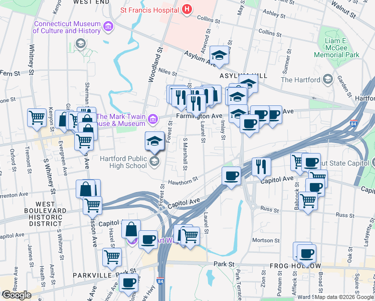 map of restaurants, bars, coffee shops, grocery stores, and more near 225 South Marshall Street in Hartford