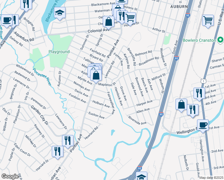 map of restaurants, bars, coffee shops, grocery stores, and more near 10 Fairweather Avenue in Cranston